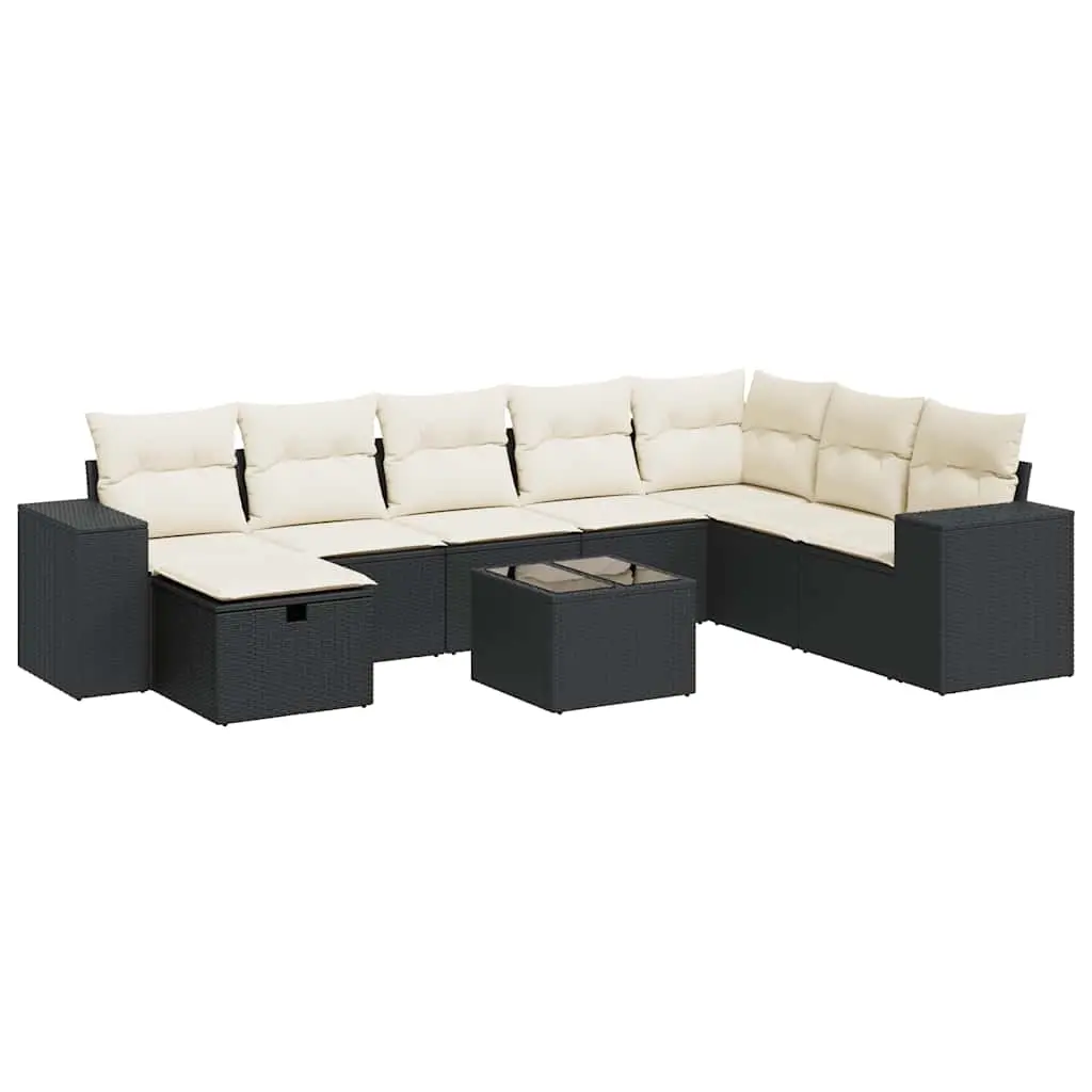 9 Piece Garden Sofa Set with Cushions Black Poly Rattan 3325742 - Furniture