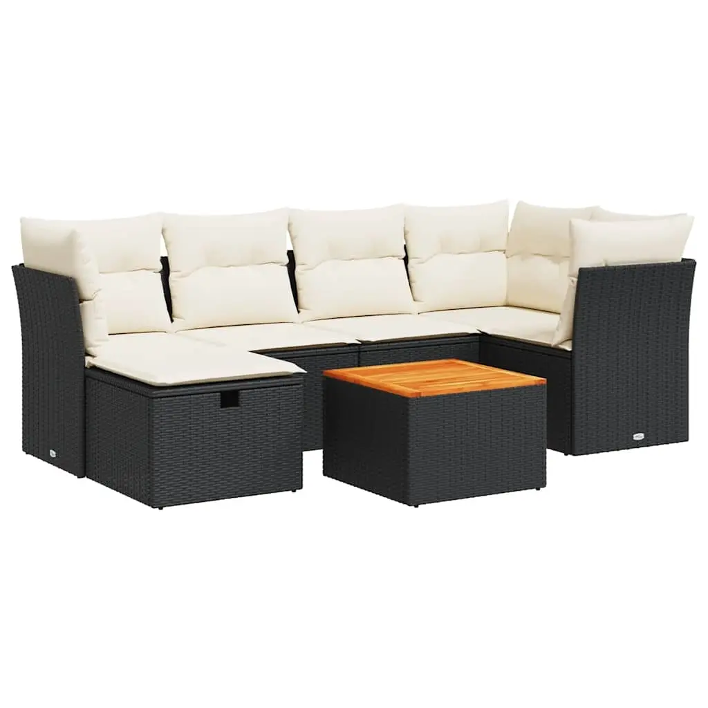 7 Piece Garden Sofa Set with Cushions Black Poly Rattan 3325759 - Furniture