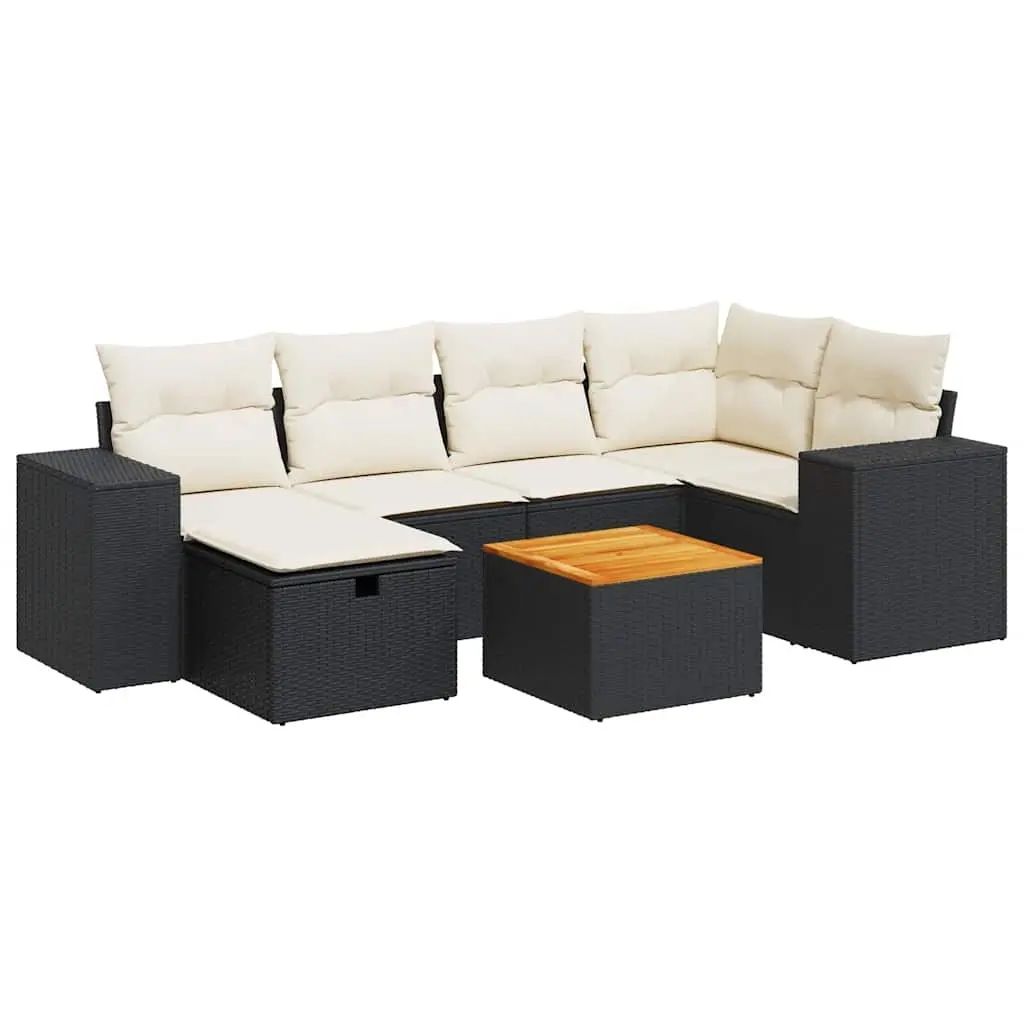 7 Piece Garden Sofa Set with Cushions Black Poly Rattan 3325871 - Furniture