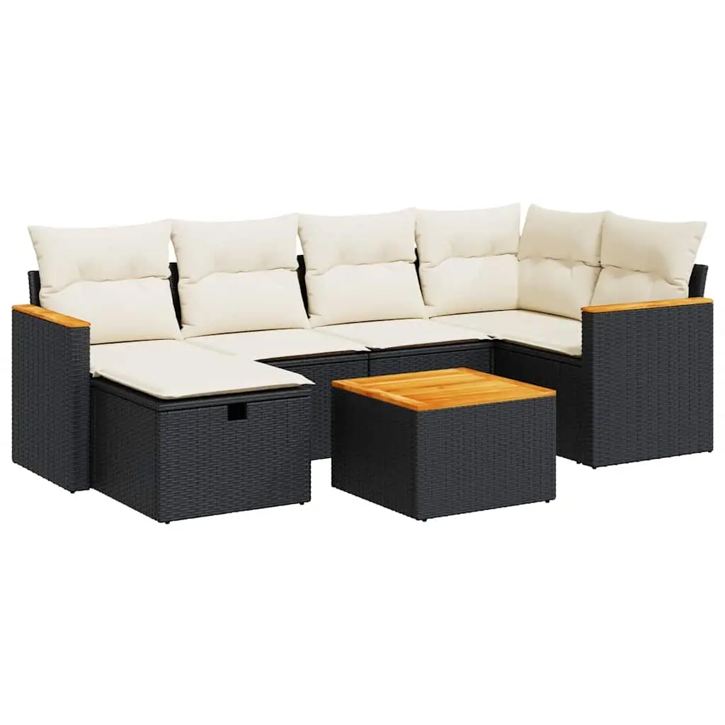 7 Piece Garden Sofa Set with Cushions Black Poly Rattan 3325920 - Furniture