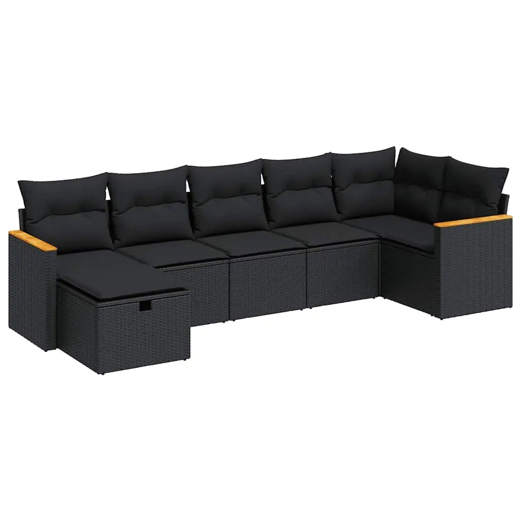 7 Piece Garden Sofa Set with Cushions Black Poly Rattan 3325926 - Furniture