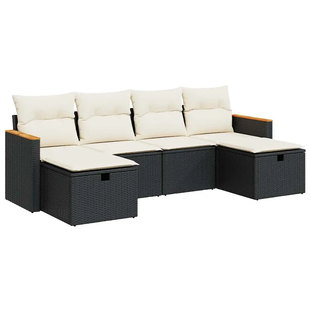 6 Piece Garden Sofa Set with Cushions Black Poly Rattan 3325941 - Furniture