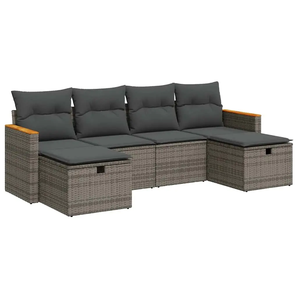 6 Piece Garden Sofa Set with Cushions Grey Poly Rattan 3325945 - Furniture