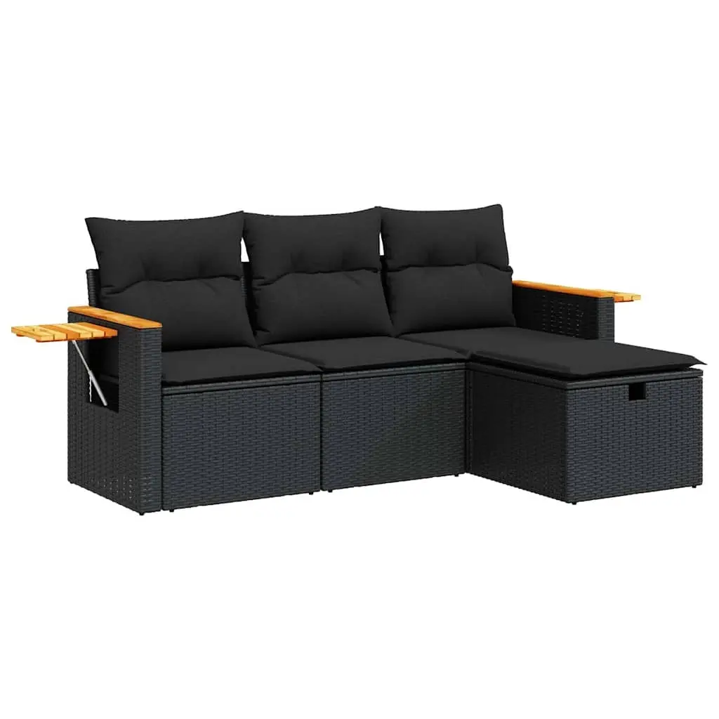 4 Piece Garden Sofa Set with Cushions Black Poly Rattan 3325947 - Furniture