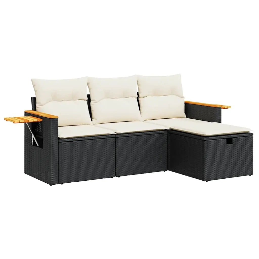 4 Piece Garden Sofa Set with Cushions Black Poly Rattan 3325948 - Furniture