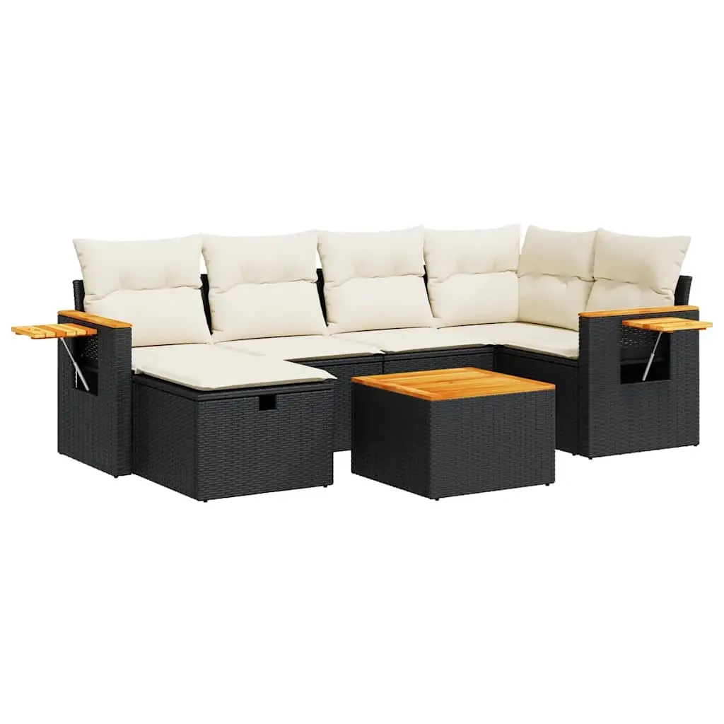 7 Piece Garden Sofa Set with Cushions Black Poly Rattan 3325976 - Furniture