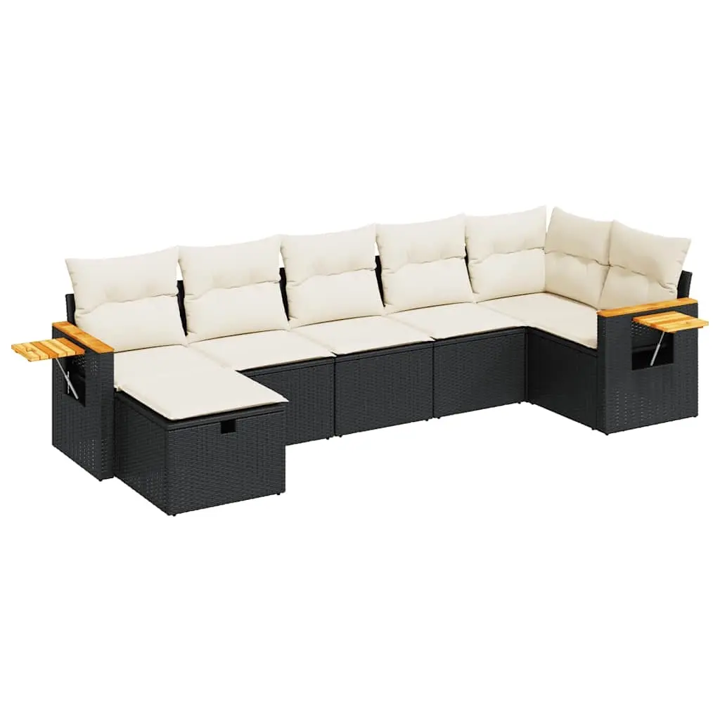 7 Piece Garden Sofa Set with Cushions Black Poly Rattan 3325983 - Furniture