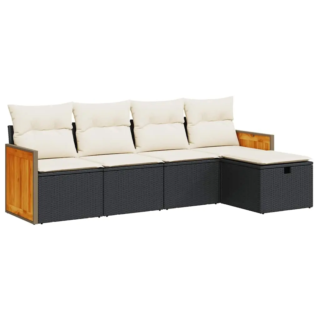 5 Piece Garden Sofa Set with Cushions Black Poly Rattan 3326011 - Furniture