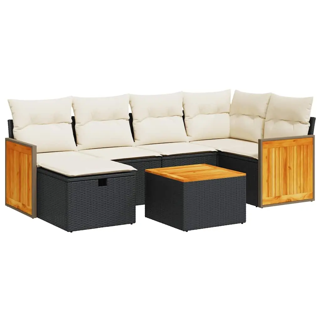 7 Piece Garden Sofa Set with Cushions Black Poly Rattan 3326032 - Furniture