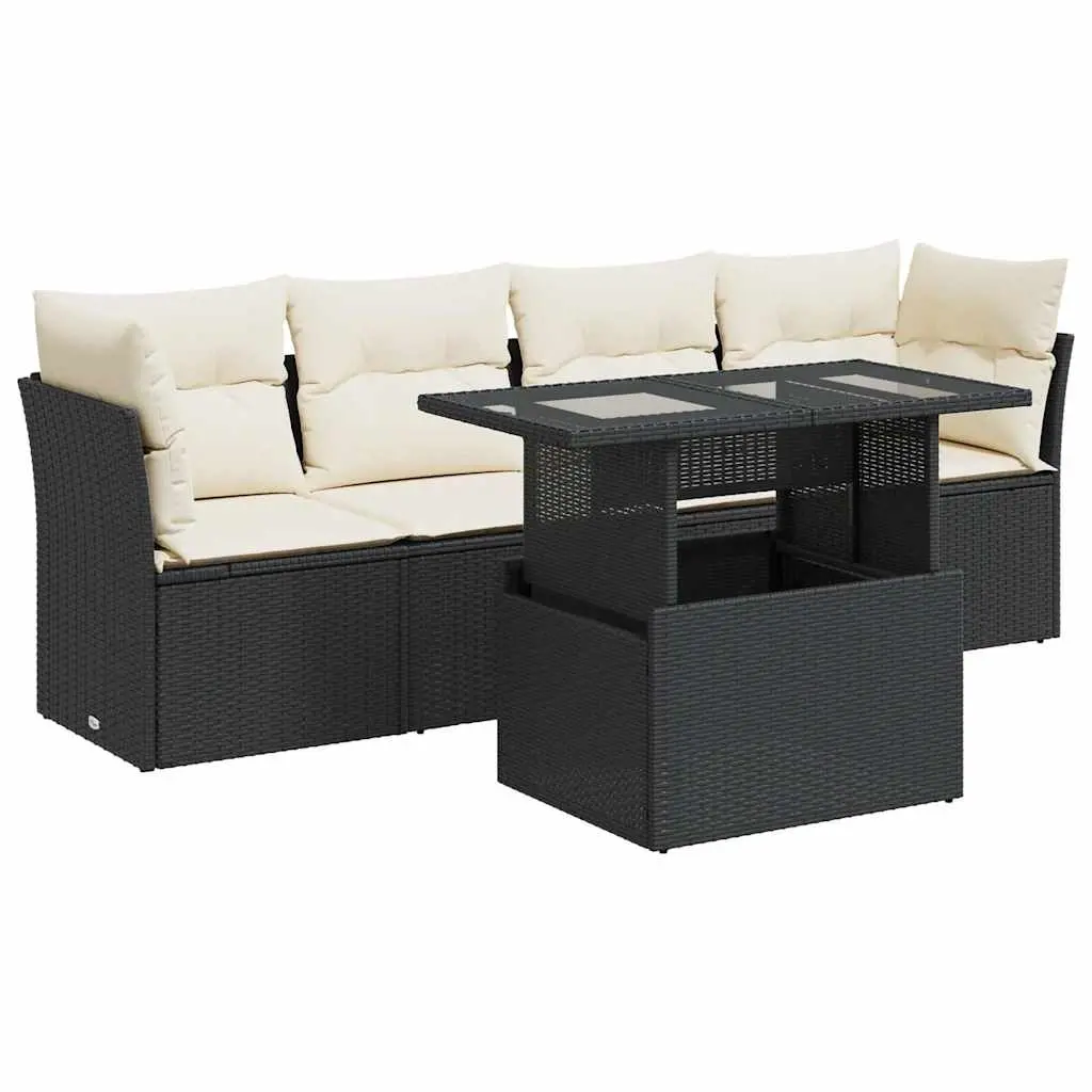 5 Piece Garden Sofa Set with Cushions Black Poly Rattan 3326087 - Furniture