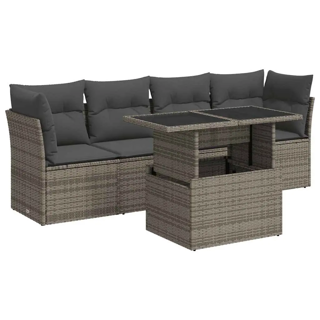 5 Piece Garden Sofa Set with Cushions Grey Poly Rattan 3326091 - Furniture