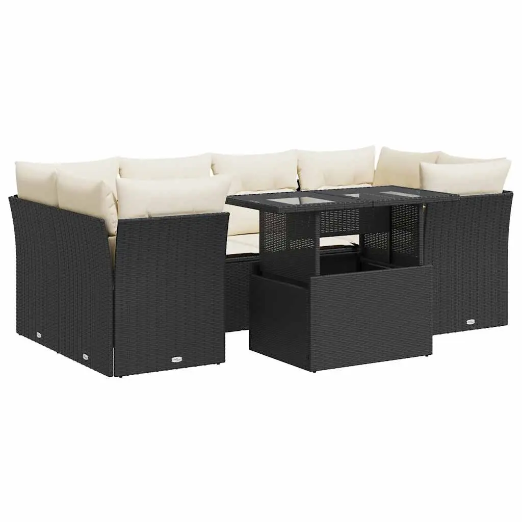 7 Piece Garden Sofa Set with Cushions Black Poly Rattan 3326107 - Furniture