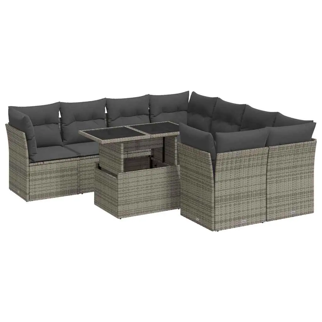 9 Piece Garden Sofa Set with Cushions Grey Poly Rattan 3326131 - Furniture