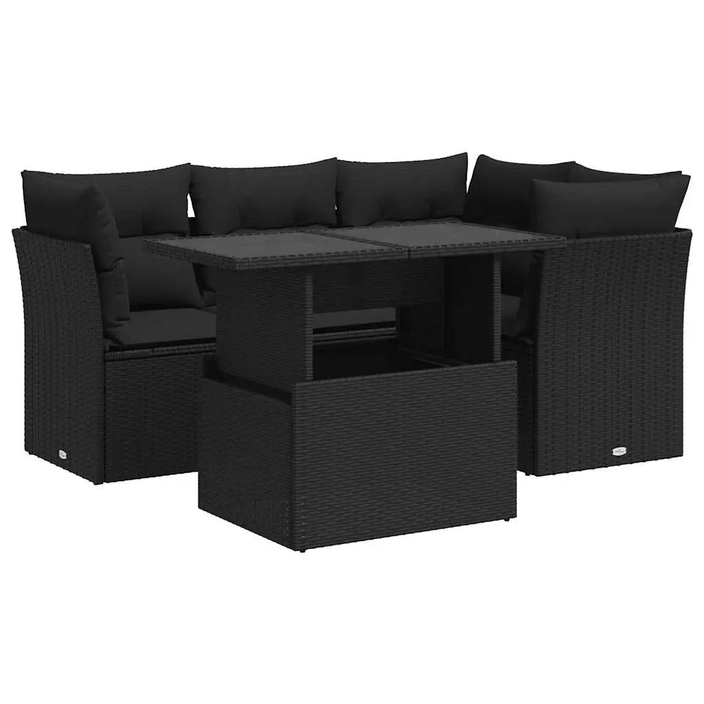5 Piece Garden Sofa Set with Cushions Black Poly Rattan 3326146 - Furniture