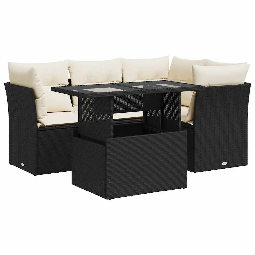 5 Piece Garden Sofa Set with Cushions Black Poly Rattan 3326147 - Furniture