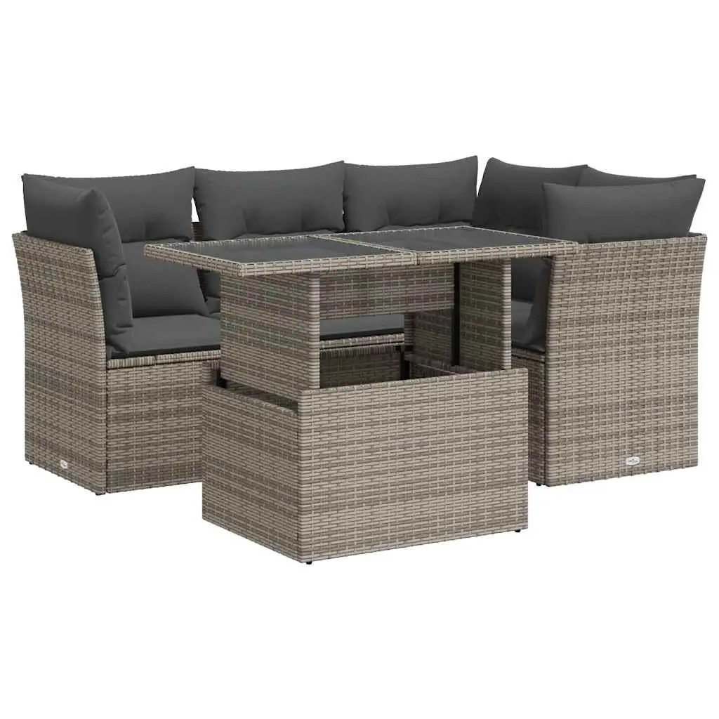 5 Piece Garden Sofa Set with Cushions Grey Poly Rattan 3326151 - Furniture