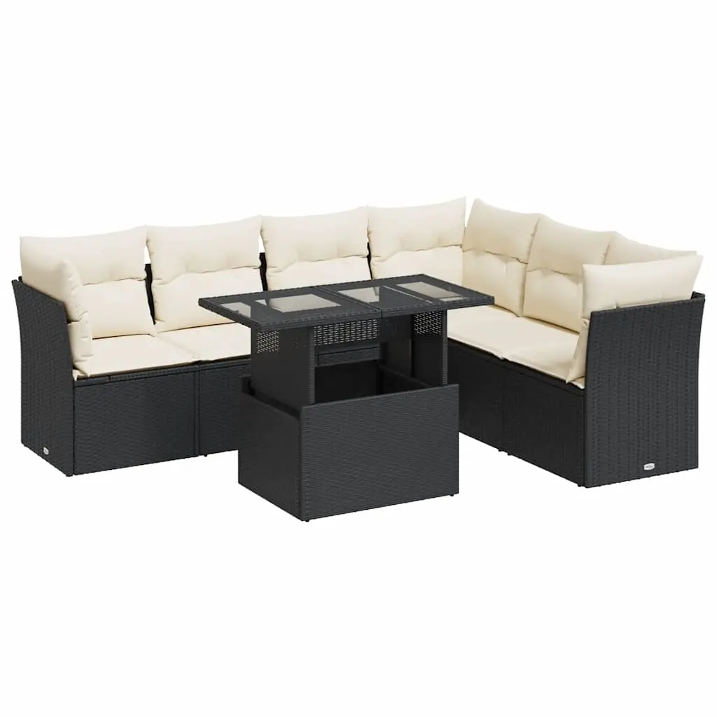 7 Piece Garden Sofa Set with Cushions Black Poly Rattan 3326167 - Furniture