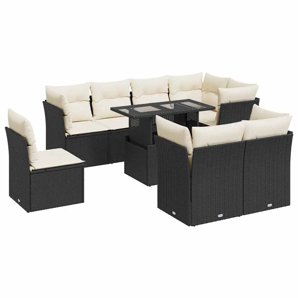 9 Piece Garden Sofa Set with Cushions Black Poly Rattan 3326177 - Furniture