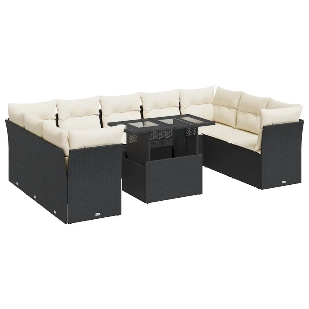 10 Piece Garden Sofa Set with Cushions Black Poly Rattan 3326217 - Furniture