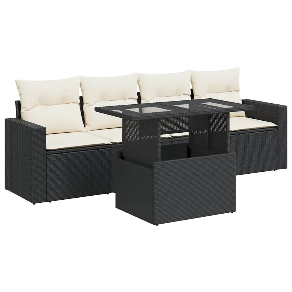 5 Piece Garden Sofa Set with Cushions Black Poly Rattan 3326237 - Furniture