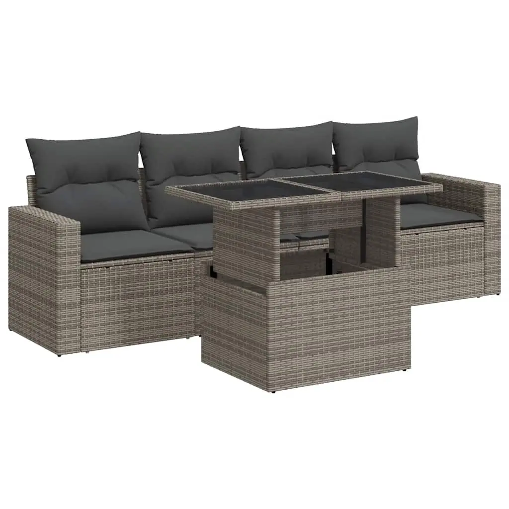 5 Piece Garden Sofa Set with Cushions Grey Poly Rattan 3326241 - Furniture