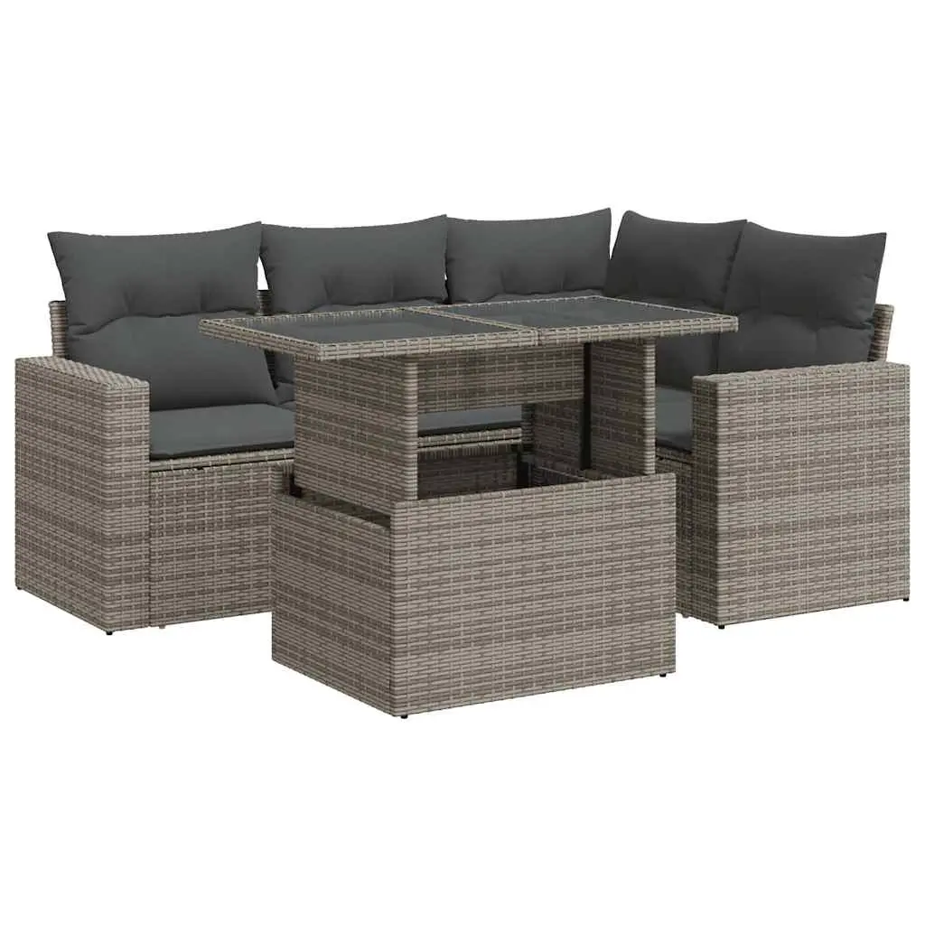 5 Piece Garden Sofa Set with Cushions Grey Poly Rattan 3326311 - Furniture