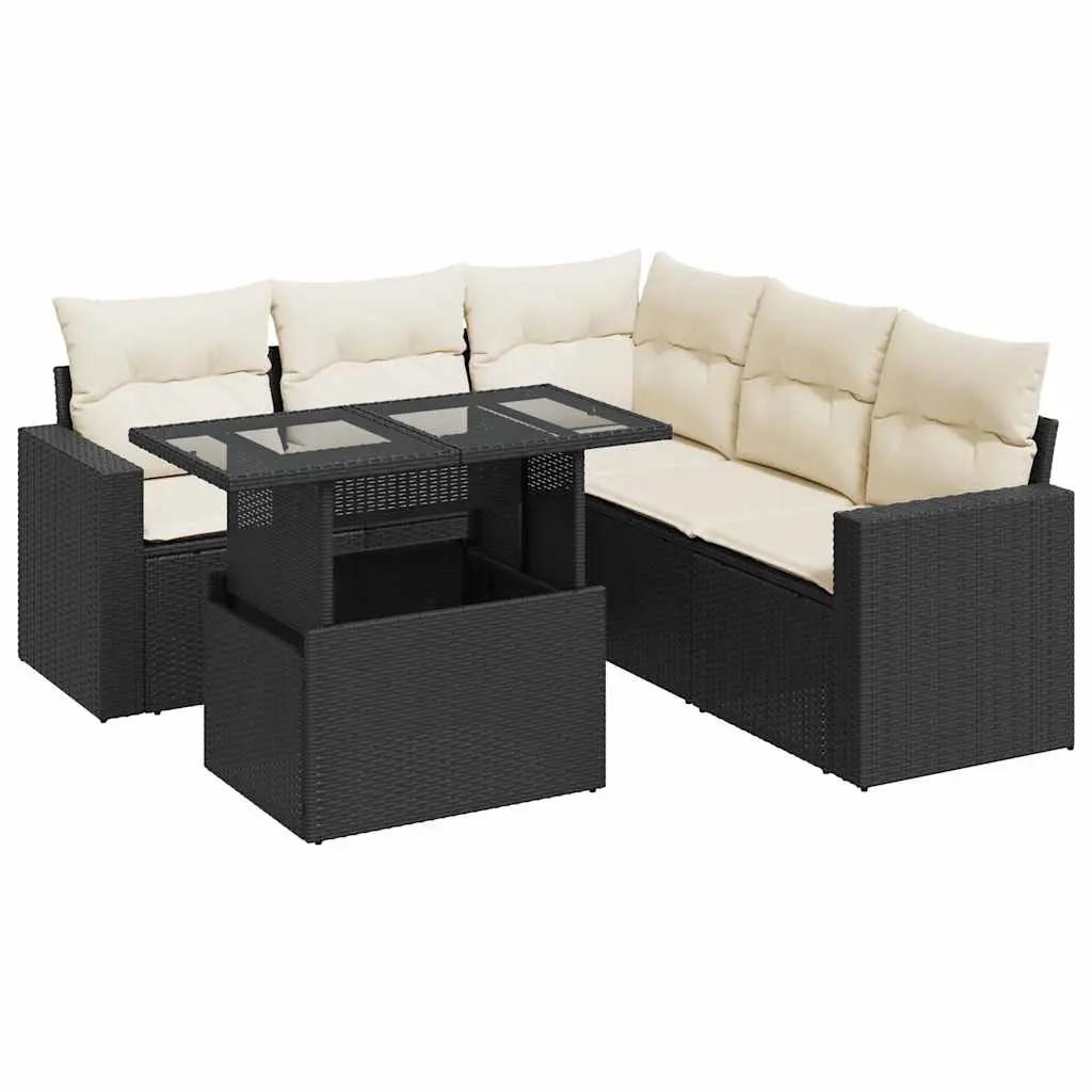 6 Piece Garden Sofa Set with Cushions Black Poly Rattan 3326317 - Furniture