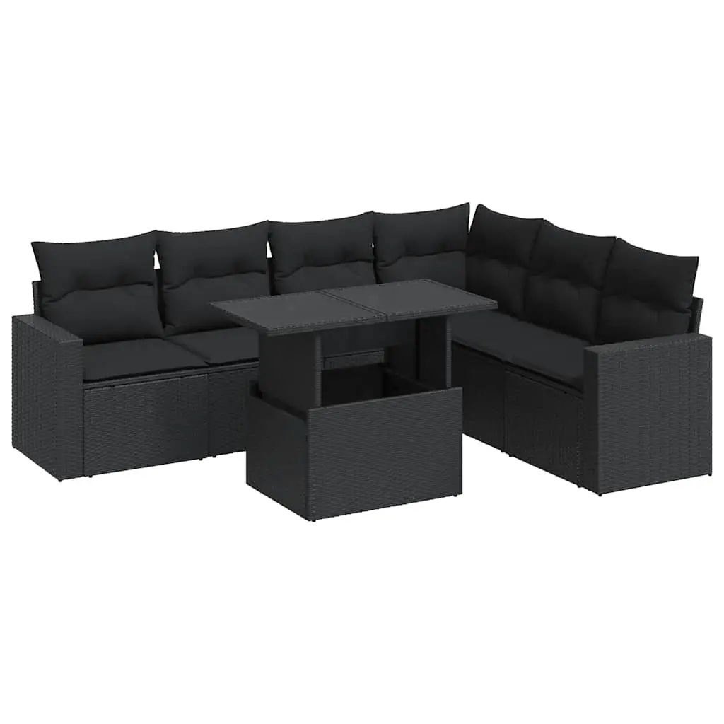 7 Piece Garden Sofa Set with Cushions Black Poly Rattan 3326326 - Furniture
