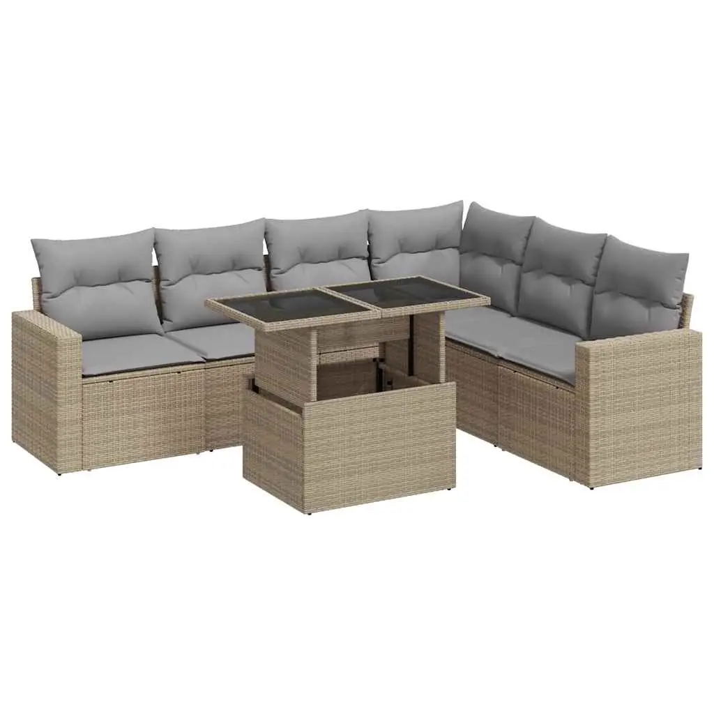 7 Piece Garden Sofa Set with Cushions Beige Poly Rattan 3326330 - Furniture