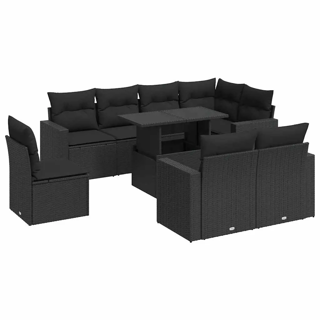 9 Piece Garden Sofa Set with Cushions Black Poly Rattan 3326336 - Furniture