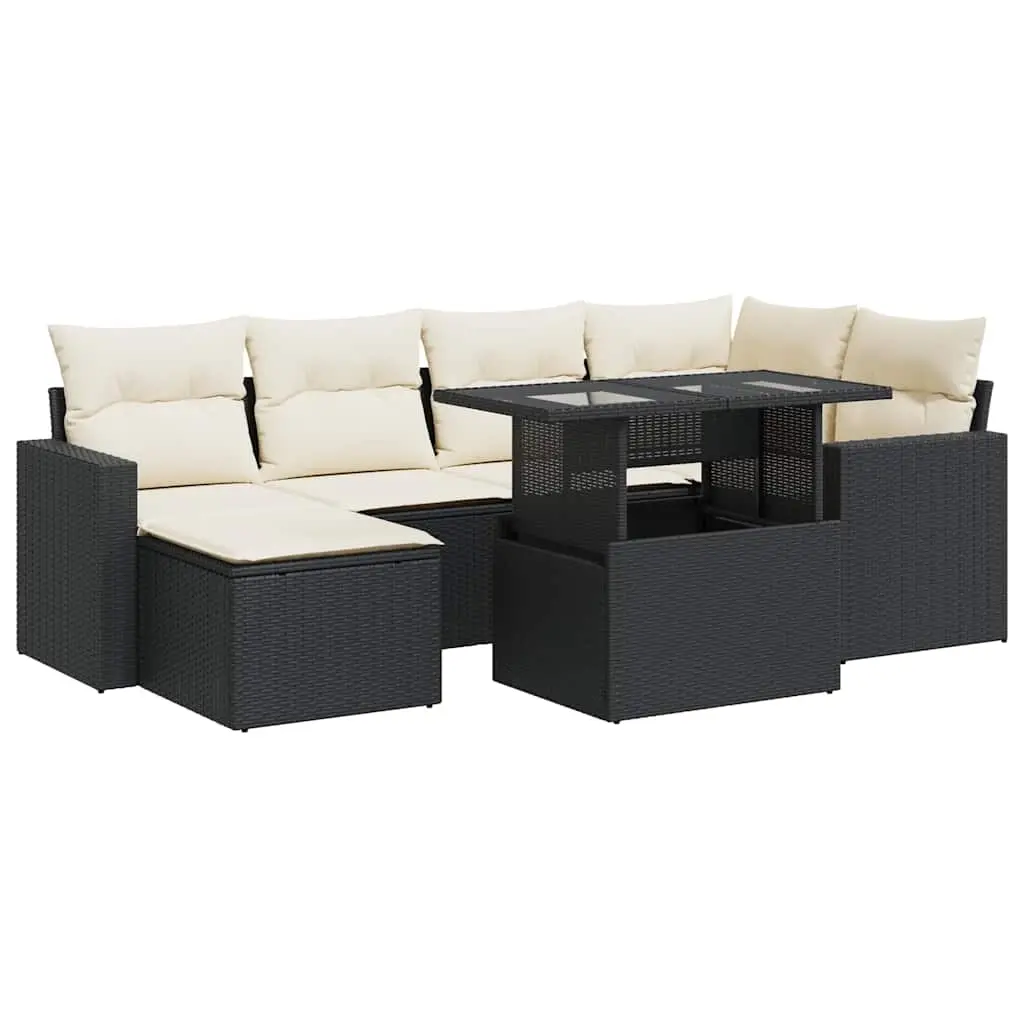 7 Piece Garden Sofa Set with Cushions Black Poly Rattan 3326347 - Furniture