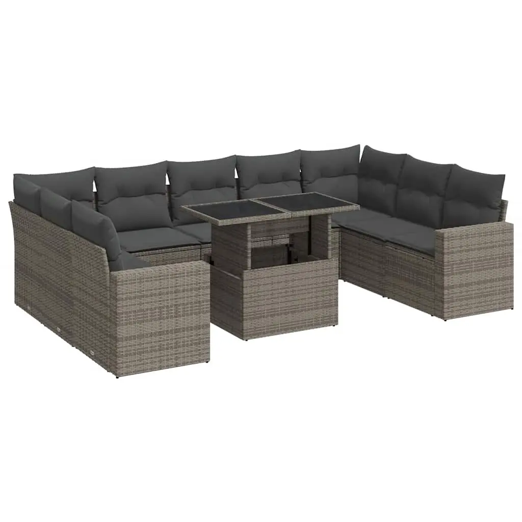 10 Piece Garden Sofa Set with Cushions Grey Poly Rattan 3326381 - Furniture