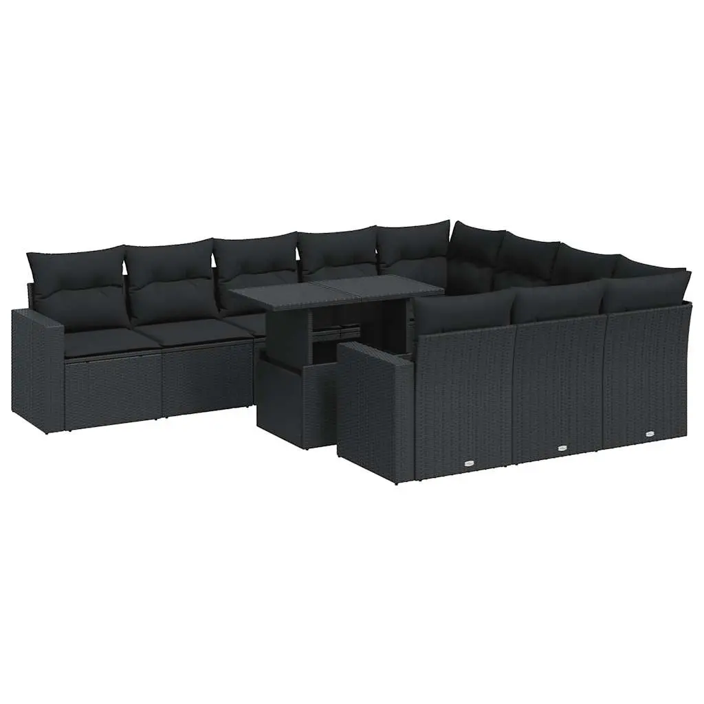 11 Piece Garden Sofa Set with Cushions Black Poly Rattan 3326386 - Furniture