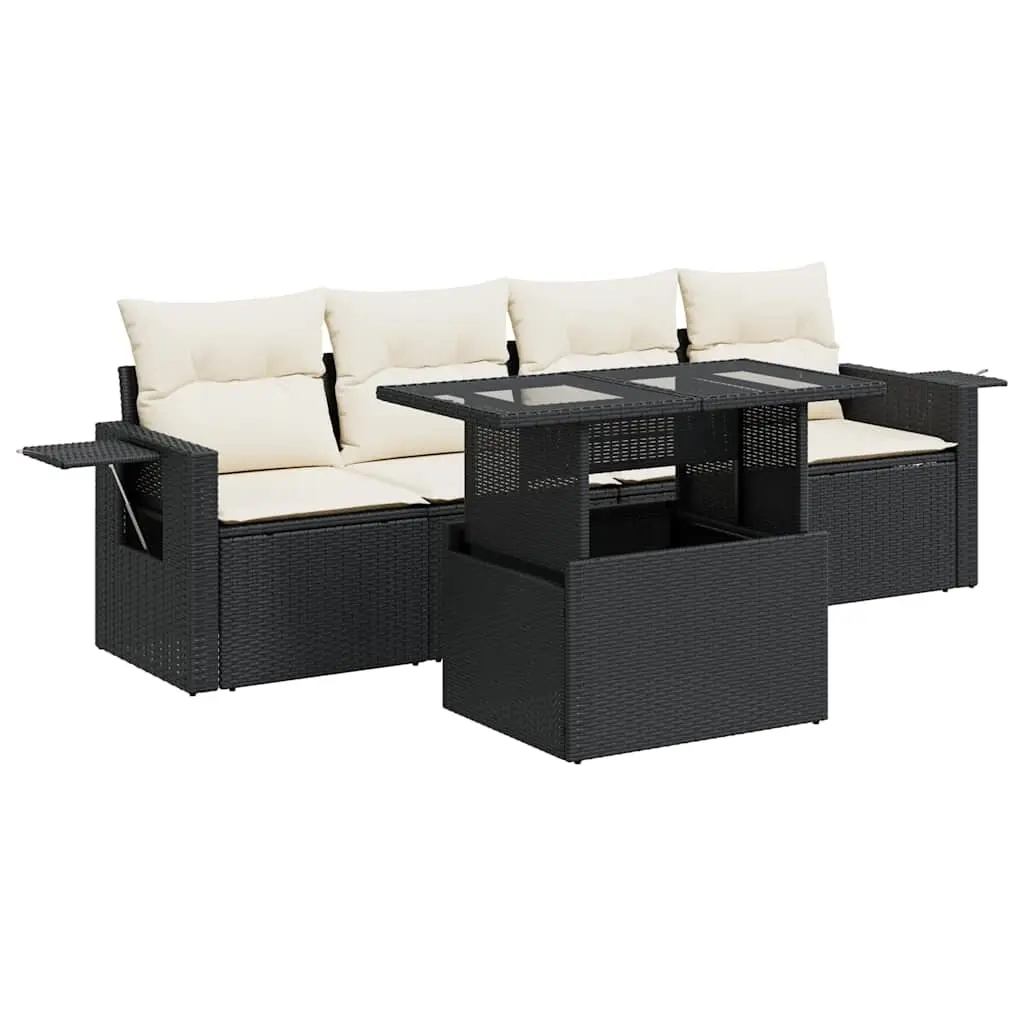 5 Piece Garden Sofa Set with Cushions Black Poly Rattan 3326397 - Furniture