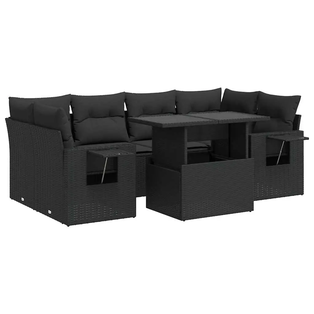 7 Piece Garden Sofa Set with Cushions Black Poly Rattan 3326426 - Furniture