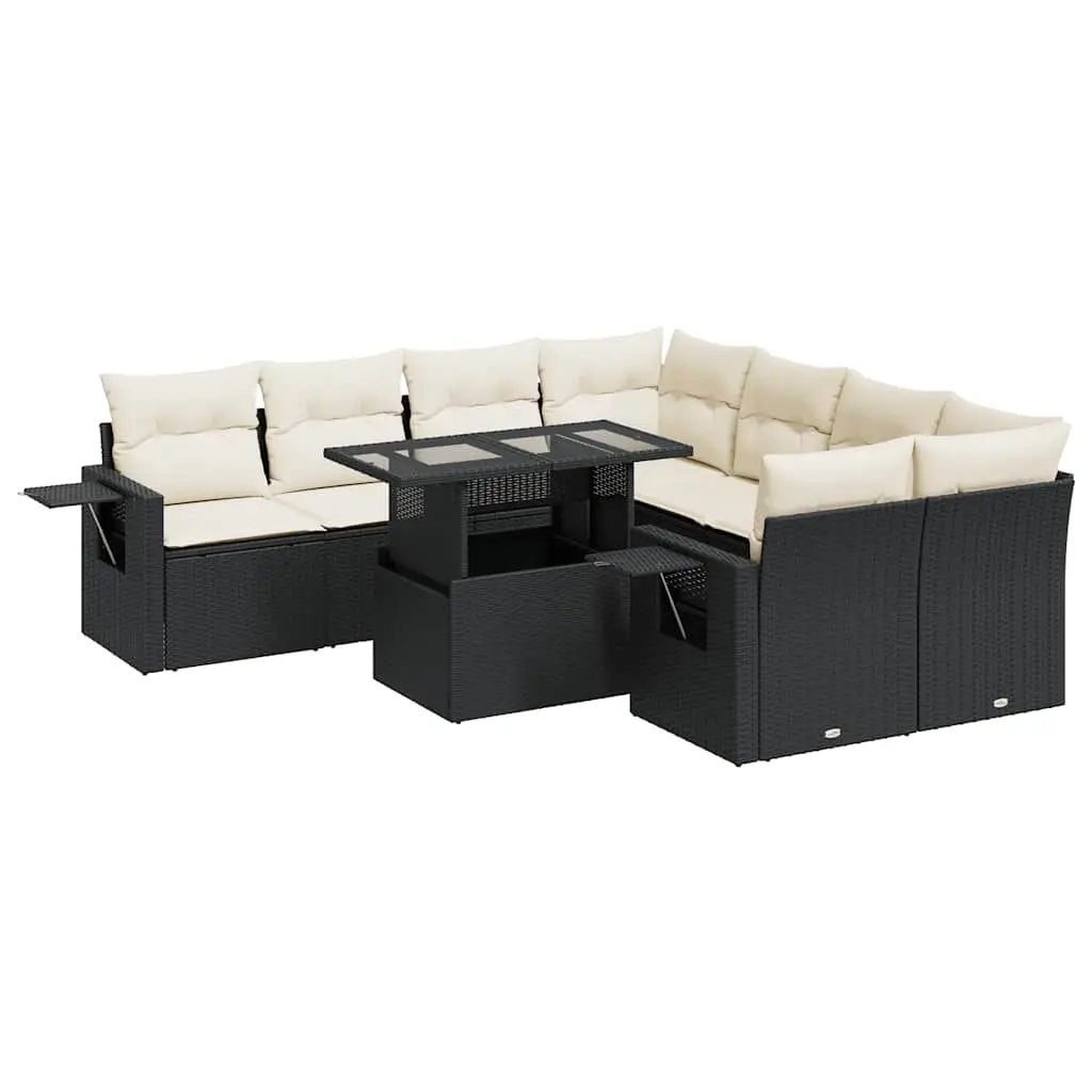 9 Piece Garden Sofa Set with Cushions Black Poly Rattan 3326447 - Furniture