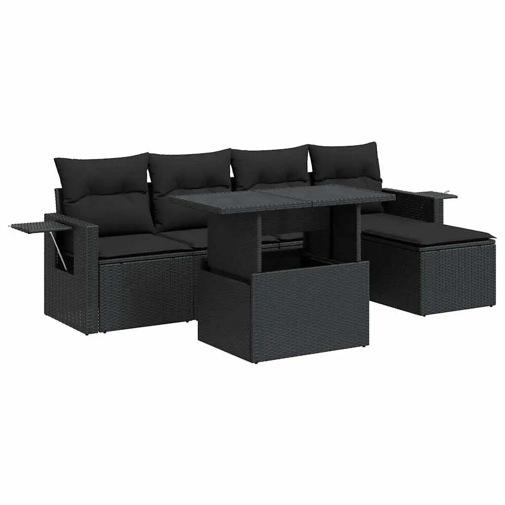 6 Piece Garden Sofa Set with Cushions Black Poly Rattan 3326456 - Furniture