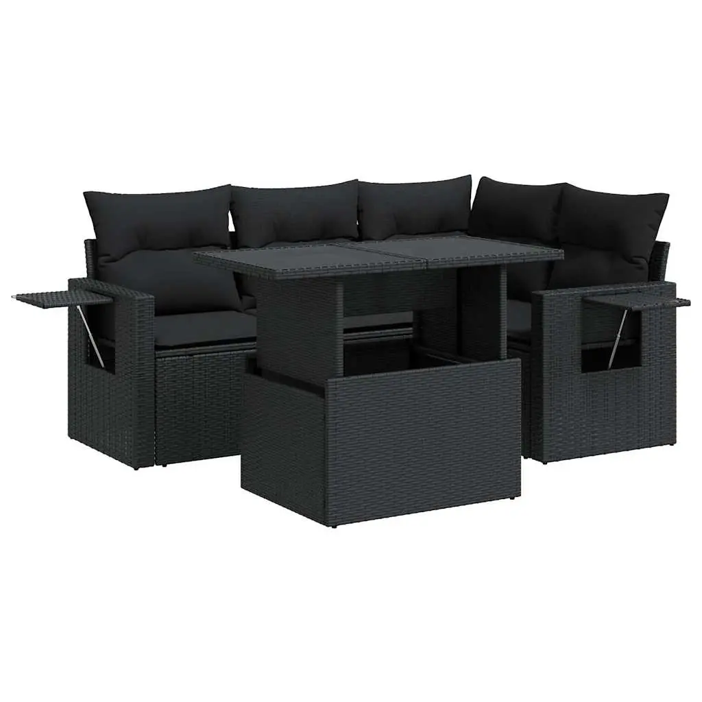 5 Piece Garden Sofa Set with Cushions Black Poly Rattan 3326466 - Furniture