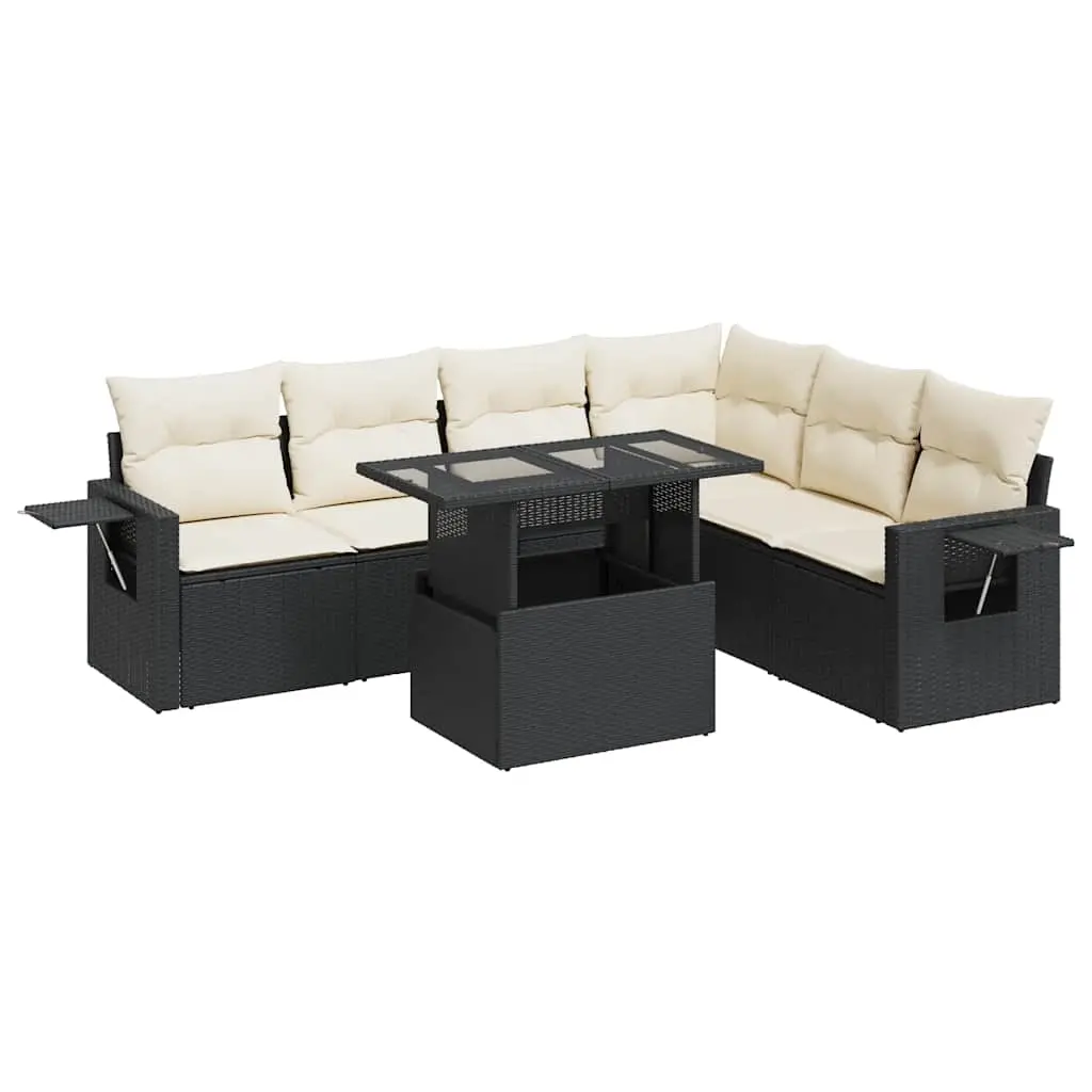 7 Piece Garden Sofa Set with Cushions Black Poly Rattan 3326487 - Furniture