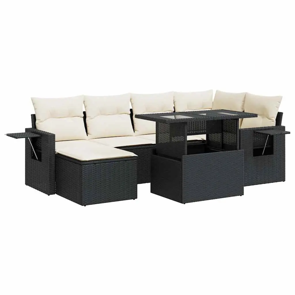 7 Piece Garden Sofa Set with Cushions Black Poly Rattan 3326507 - Furniture