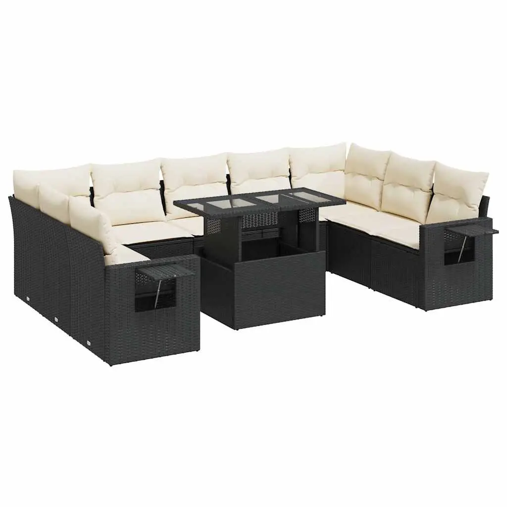 10 Piece Garden Sofa Set with Cushions Black Poly Rattan 3326537 - Furniture