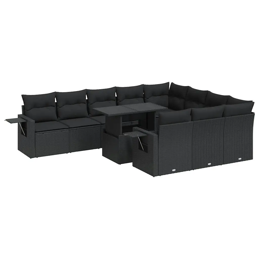 11 Piece Garden Sofa Set with Cushions Black Poly Rattan 3326546 - Furniture