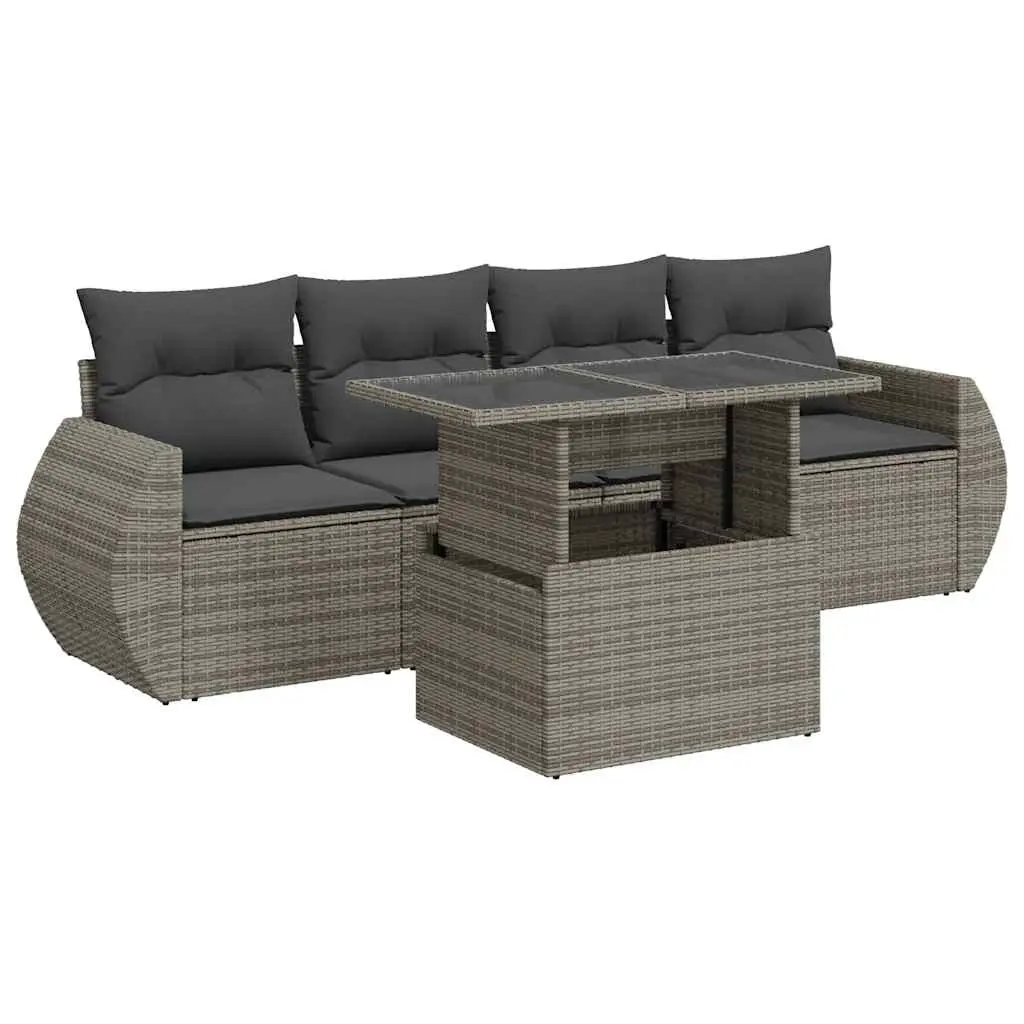5 Piece Garden Sofa Set with Cushions Grey Poly Rattan 3326561 - Furniture