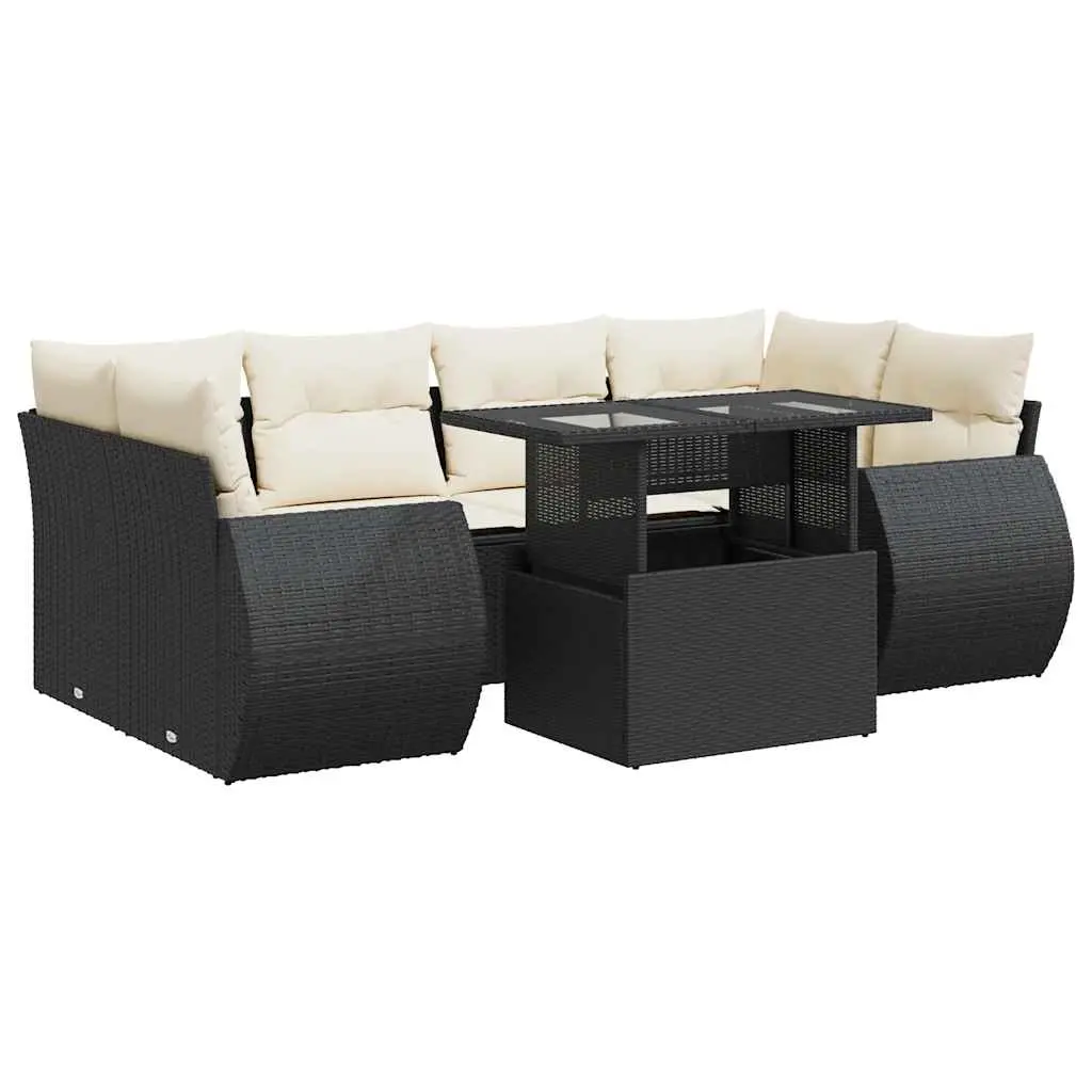 7 Piece Garden Sofa Set with Cushions Black Poly Rattan 3326587 - Furniture