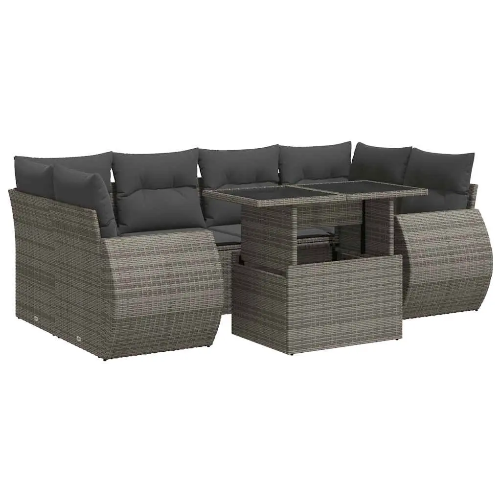 7 Piece Garden Sofa Set with Cushions Grey Poly Rattan 3326591 - Furniture