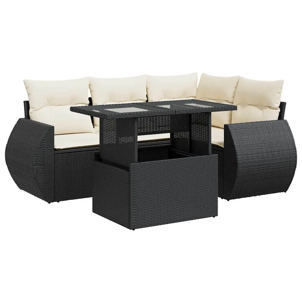 5 Piece Garden Sofa Set with Cushions Black Poly Rattan 3326627 - Furniture