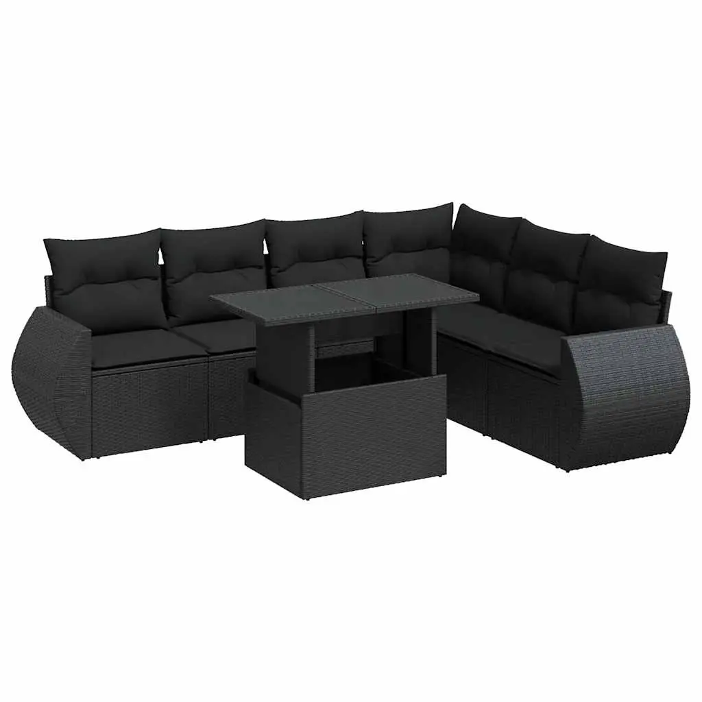 7 Piece Garden Sofa Set with Cushions Black Poly Rattan 3326646 - Furniture