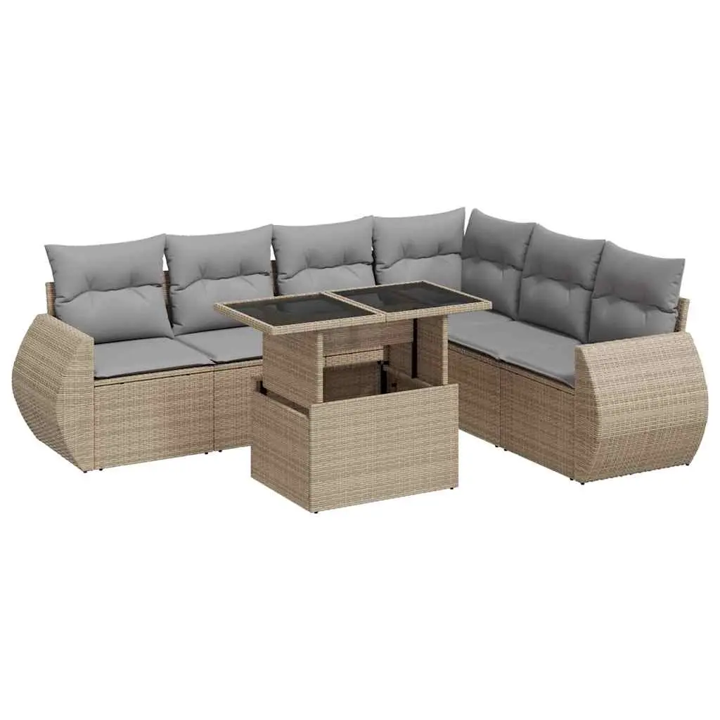 7 Piece Garden Sofa Set with Cushions Beige Poly Rattan 3326650 - Furniture