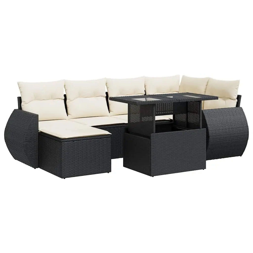 7 Piece Garden Sofa Set with Cushions Black Poly Rattan 3326667 - Furniture