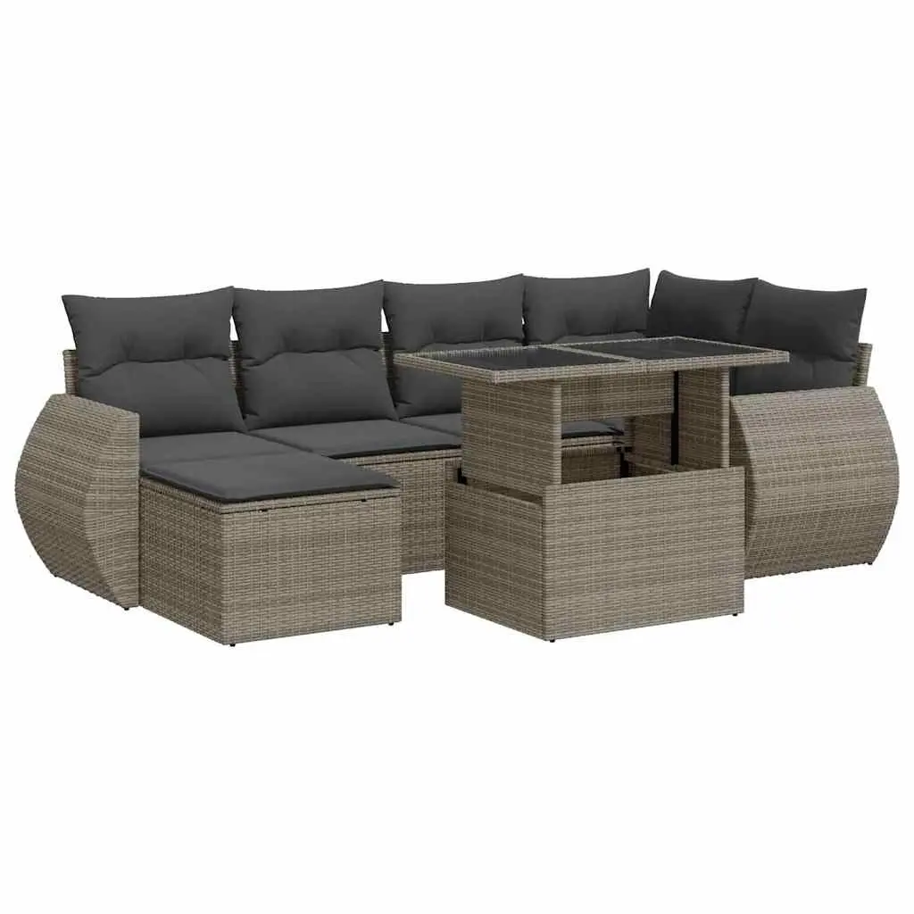 7 Piece Garden Sofa Set with Cushions Grey Poly Rattan 3326671 - Furniture